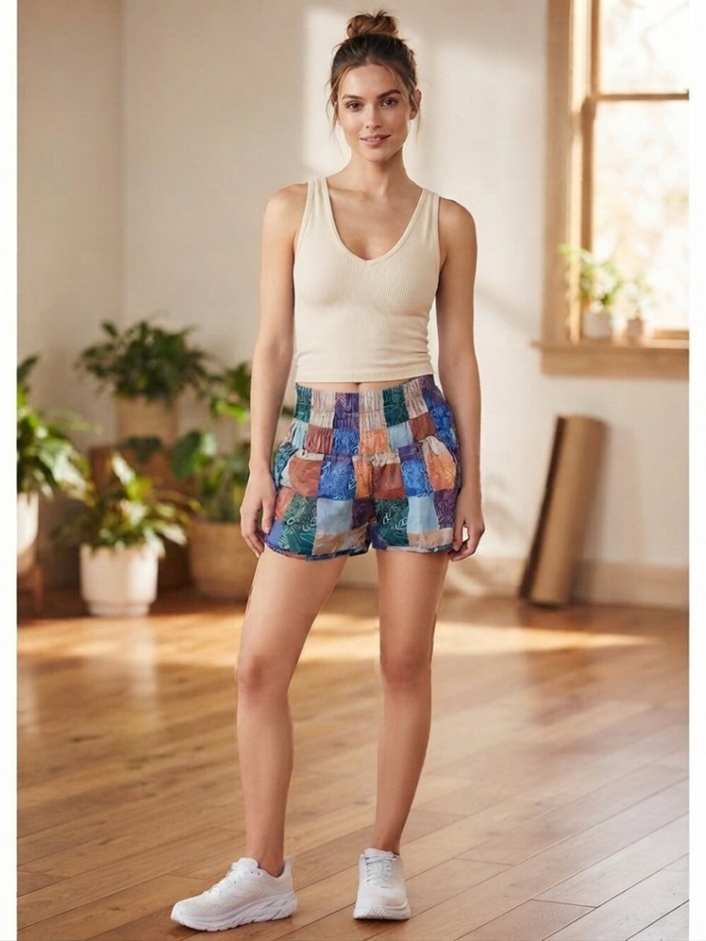 Free People Patchwork Plaid Elastic-Waist The Way Home Printed Shorts XL